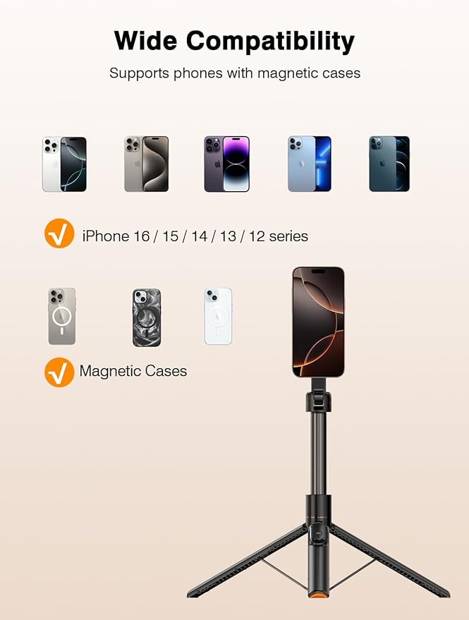 𝟐𝟎𝟐𝟓 𝐔𝐩𝐠𝐫𝐚𝐝𝐞𝐝 for Mag-Safe Tripod for iPhone,65”Extendable Strong Magnetic Selfie Stick for iPhone with Remote,Portable Cell Phone Tripod Stand for Vlogging Vacation Travel Essentials