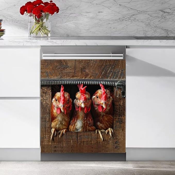 Wood Board and Rooster Wallpaper Dishwasher Magnet Cover Sticker Magnetic Refrigerator Panel Sticker Decorative Front Door Decal 23W x 17H inchs