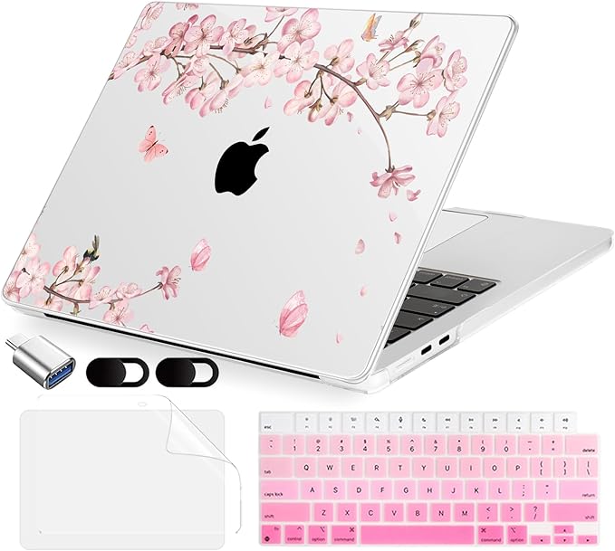 MecBevia Compatible with 2026 M5 MacBook Air 15 inch Case, 2026 2025-2023 M5 A3448 M4 A3241 M3 A3114 M2 A2941, Keyboard Cover, Screen Protector, Webcam Cover & Type-C OTG, Butterflies Sakura