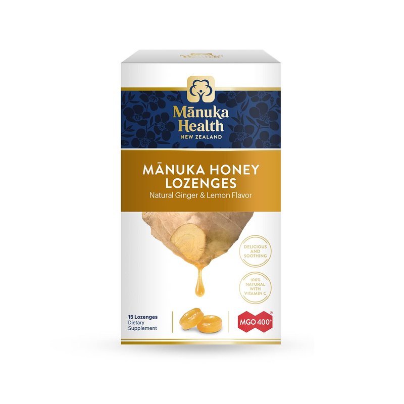 Manuka Health Manuka Honey Lozenges â 15 Lemon and Ginger Flavored Lozenges â Natural Throat Lozenges Infused with Raw Manuka Honey and Vitamin C for Immune Support