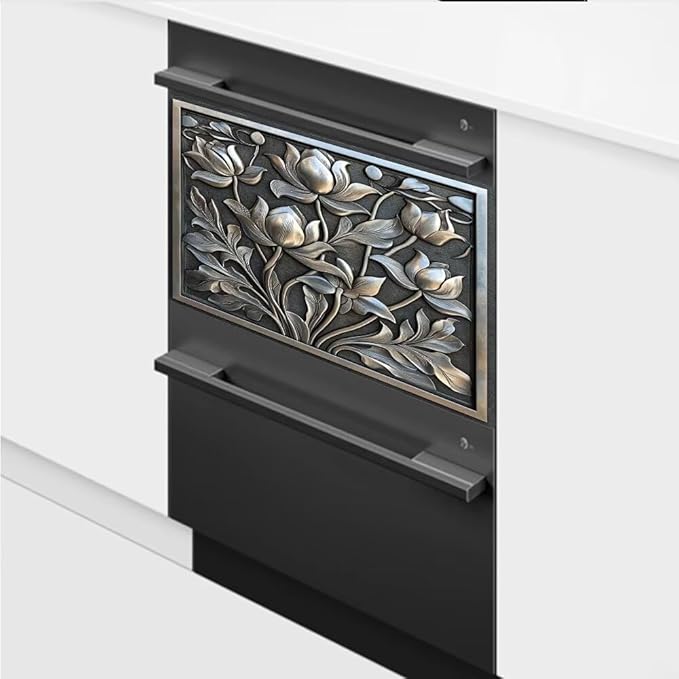 Dishwasher Magnet Cover Stainless Steel Look Flower Dishwasher Front Panel Decorative, Magnetic Appliance Cover Kitchen Decor Home Refrigerator Magnets Sticker 23" W x 17" H