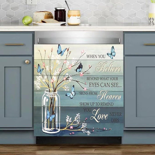 Floral Butterfly Dishwasher Magnet Cover -When You Believe Beyond What Your Eyes Can See Decals Magnetic Decoration,Flower Vase Dishwasher Magnets Decal for Home Kitchen Appliance Decor 23"x26"