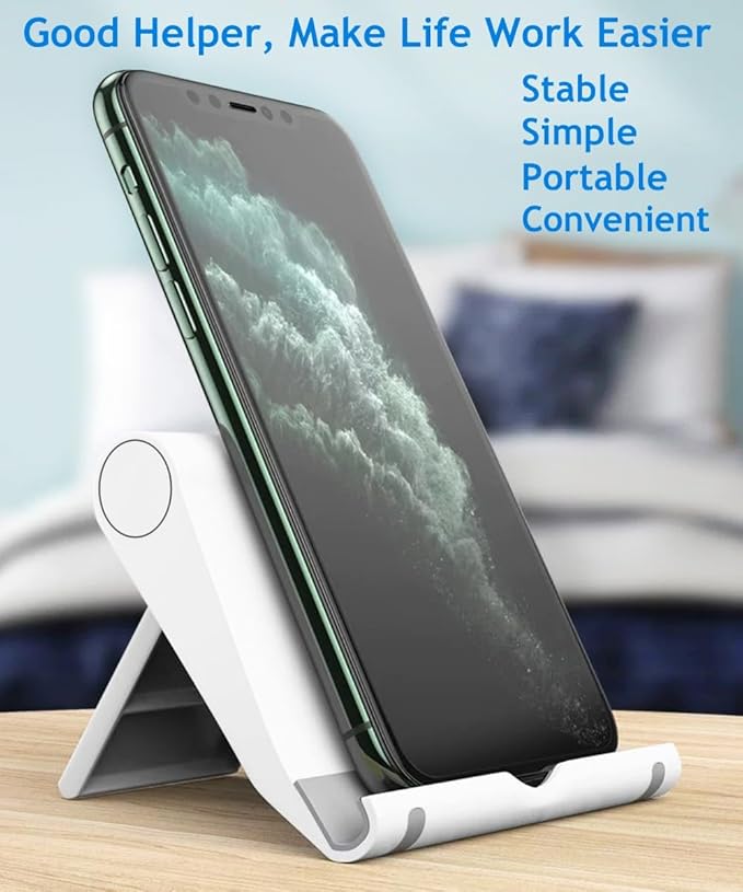 JUSDIQIR Cell Phone Stand for Desk 2 Pack Mobile Phone Holders Desktop Tablet Stand, Foldable Phone Dock Universal Adjustable Tablet Stand for Desk Compatible with Cell Phone Support (White 2 PCS)