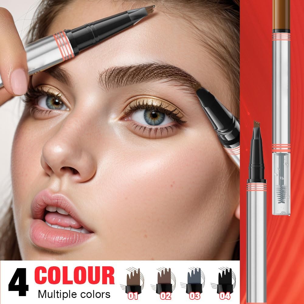 2-in-1 Eyebrow Pencil with Gel, Dual-Ended 3D Microblading Eyebrow Pen with 4 Tip & Eyebrow Brush, Waterproof Long-Lasting Eyebrow Pencil for Women (Brown)