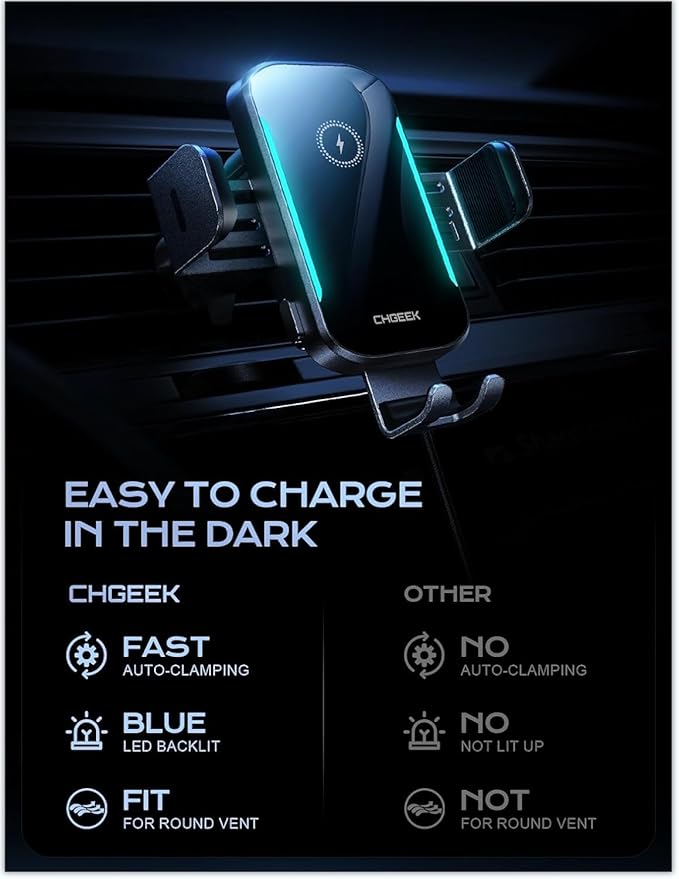 CHGeek Wireless Car Charger, 15W Fast Charging Auto-Clamping Phone Mount, Air Vent Holder with Blue LED for iPhone 17/16/15/14/13, Samsung S24/S23/S22 (Knight Black)