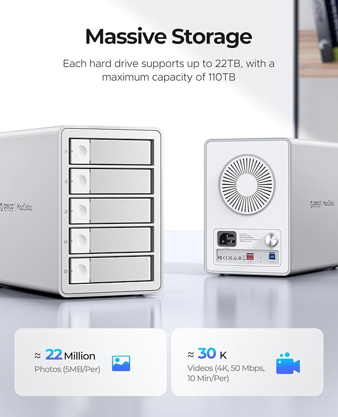 ORICO 5-Bay RAID External Hard Drive Enclosure for 2.5/3.5 Inch SATA HDD/SSD up to 5X 22TB, USB3.0 Type-A Hard Drive Docking Station, Supports RAID 0/1/3/5/10/JBOD/Clone/ClearMode -9958RU3