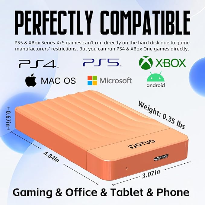 YOTUO Portable External Hard Drive Storage Expansion Mobile HDD USB 3.0 for PC, Mac, Desktop, Laptop, PS4, PS5, Xbox One X/S, Xbox 360, Xbox Series X/S, Office & Game (Orange, 1TB)