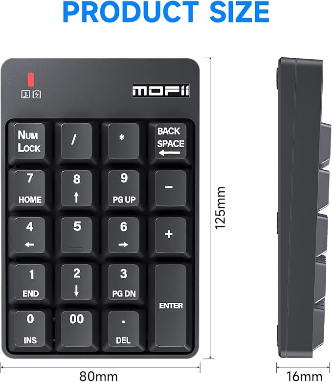 MOFII Number Pad - Black Wireless Bluetooth 5.1 Numeric Keypad Silent 19 Keys USB Keypads, Portable Financial Accounting Numpad 10 Key for Laptop/Notebook/Surface Pro/PC