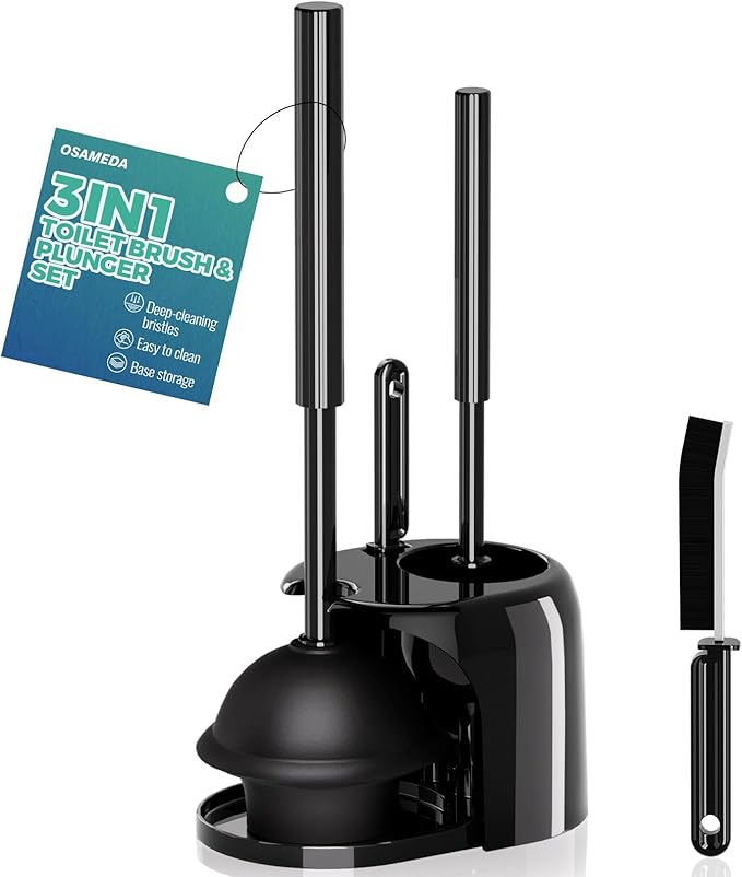 3 in 1 Toilet Brush and Plunger Set with Crevice Cleaning Brush, Toilet Plunger and Brush Set with Extra Long Handle, Plungers for Bathroom Accessories, Toilet Plunger with Holder, Black