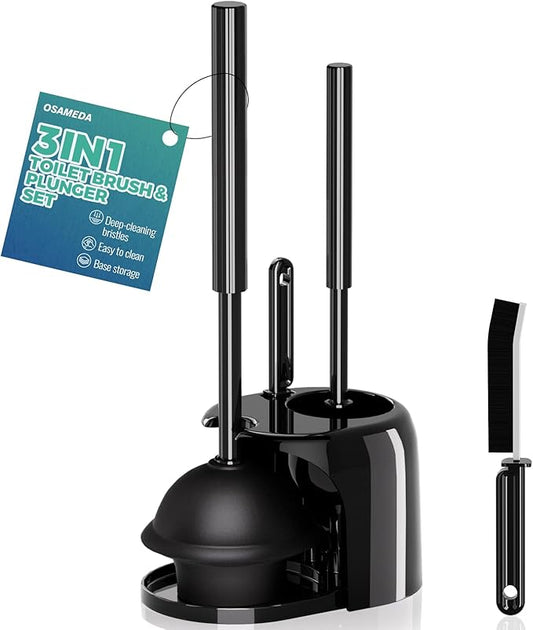 3 in 1 Toilet Brush and Plunger Set with Crevice Cleaning Brush, Toilet Plunger and Brush Set with Extra Long Handle, Plungers for Bathroom Accessories, Toilet Plunger with Holder, Black