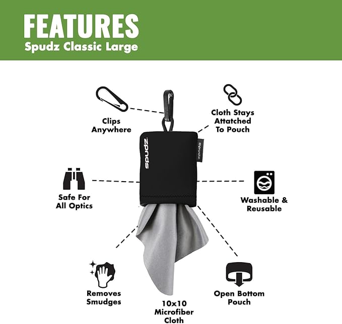 SPUDZ Classic Microfiber Lens Cleaner – Clip-On Pouch, Washable – for Binoculars, Scopes, Glasses, Screens | Classic | Stealth Shadow, 6 x 6 Inch (2-Pack)