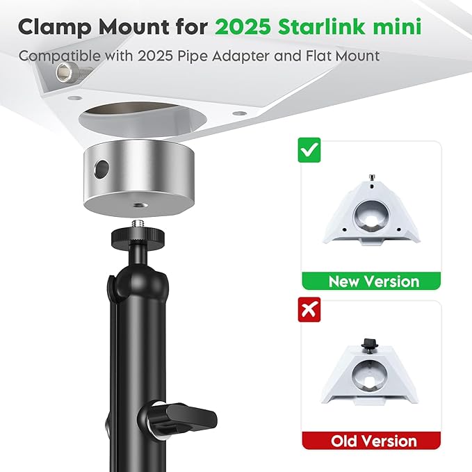 XLTTYWL 2025 Starlink Mini Pole Mount Kit, Aluminum Mini Starlink Tripod Adapter with 1/4"-20 & 3/8"-16 Thread and Adjustable Clamp Bracket for Star Link Mini X Dishy RV, Camper, Roof Rack, Balcony