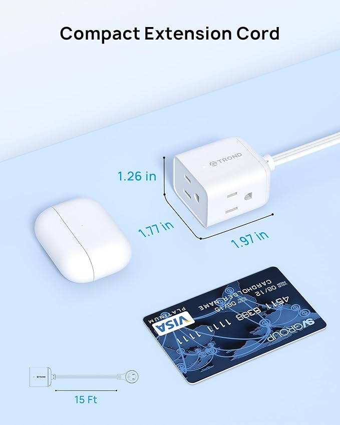 TROND Flat Extension Cord 15ft with 360° Rotating Plug, ETL Listed 3 Prong Power Strip, Low Profile Three Outlets, 13A, SPT 16/3 Gauge, Small for Tight Spaces Indoor Home Office Kitchen Bedroom, White