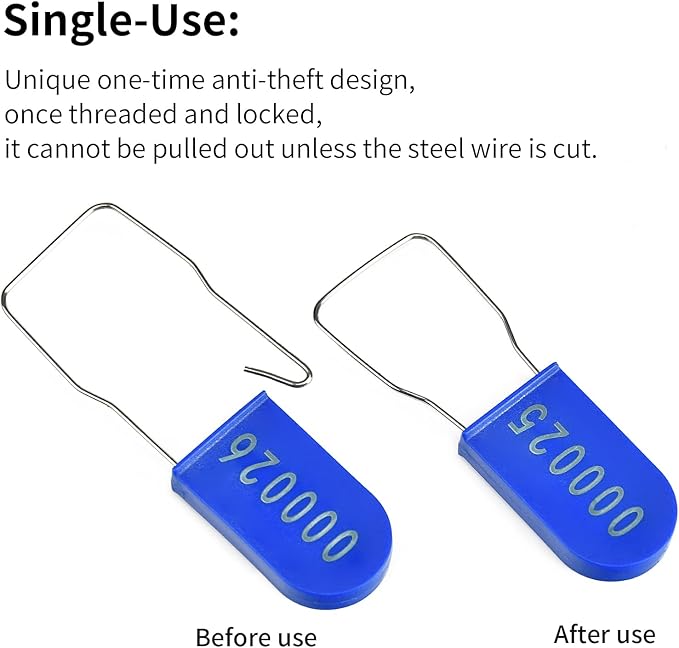 LeadSeals 50PCS Plastic Padlock Security Seals Metal Wire Padlocks Electric Meter Lockout Tags Disposable Anti-Tamper Lock Numbered Anti Tamper Tags Blue