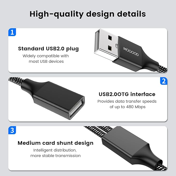 USB Extension Cable,USB A Male to 2 Female Extension Cord Durable USB Splitter Cable Nylon Braided Fast Data Transfer Compatible with Printer, USB Keyboard, Flash Drive, Hard Drive, Playstation