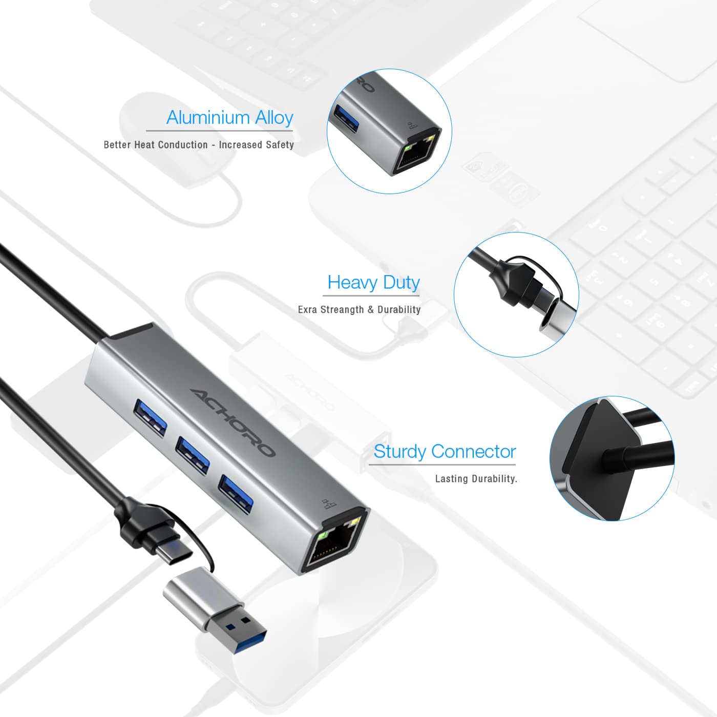 ACHORO Multi-Function USB to Ethernet Adapter with LAN – Built-in USB A & USB C, Extra 3 USB Connections with RJ45, Aluminum Alloy, for PC & Mac (LAN & USB Ports)
