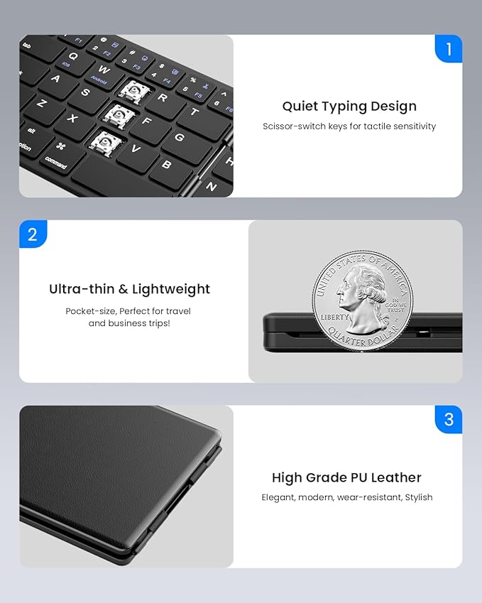 Samsers Foldable Bluetooth Keyboard - Portable Wireless Keyboard with Stand Holder, Rechargeable Full Size Ultra Slim Folding for iOS Android Windows Smartphone Tablet and Laptop, Black