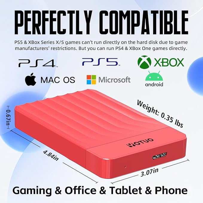 YOTUO 500GB External Hard Drive, Portable Storage Expansion HDD, USB 3.0 & USB-C for PC, Mac, Desktop, Laptop, Smartphone, PS4, Xbox One, Xbox 360, Office & Game, Red