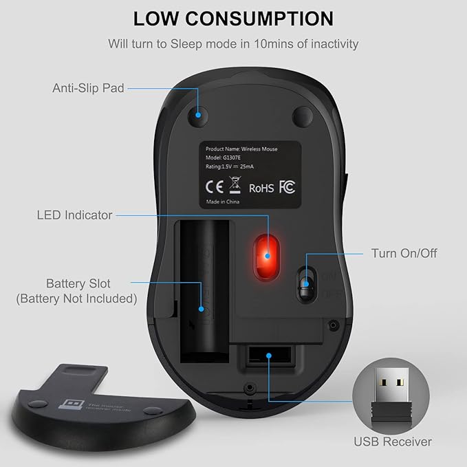 WisFox 2.4G Wireless Mouse for Laptop, Ergonomic Computer Mouse with USB Receiver and 3 Adjustable Levels, 6 Button Wireless Mice for Windows Mac PC Notebook (Grey)