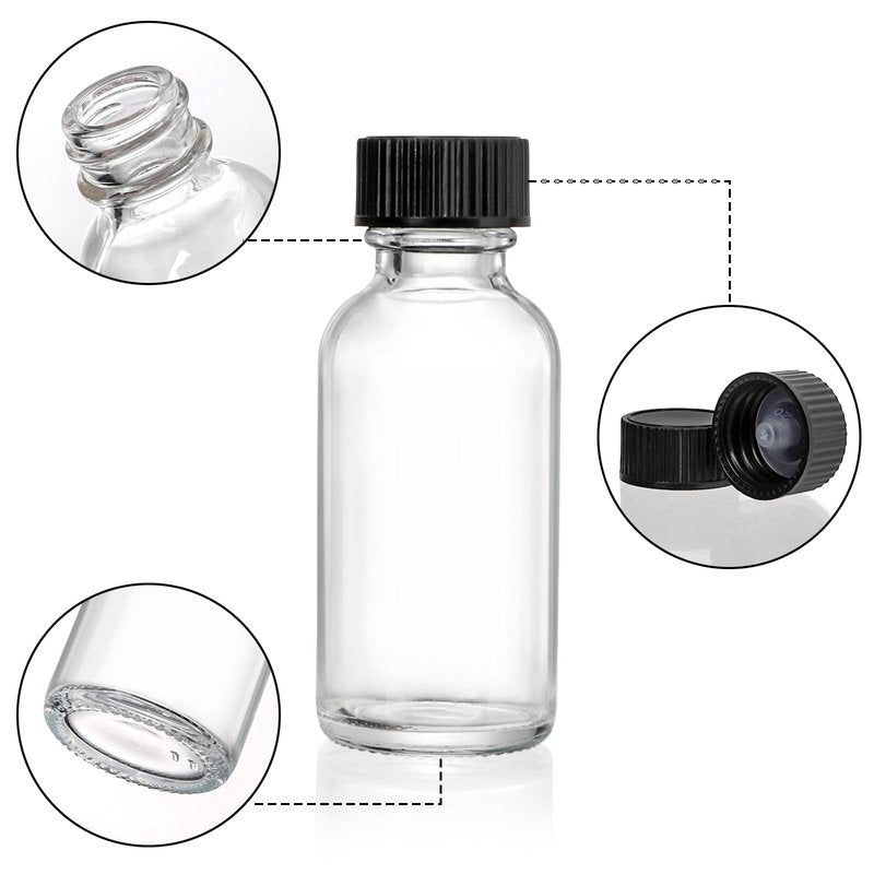 Bekith 30 Pack Boston Round Glass Bottle with Black Cap, 1 oz (30ml) Clear Glass Bottles Small Travel Bottle for DIY Essential Oils, Perfumes, Whiskey and Juices