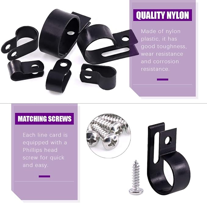 Swpeet 135 Pack 6 Sizes Black Nylon Plastic R-Type Cable Clips Clamp Assortment Kit, 1/4" 5/16" 3/8" 1/2" 3/4" 1" Nylon Screw Mounting Cord Fastener Clips with 135 Pack Screws for Wire Management