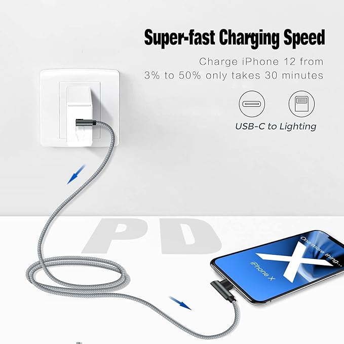 Wangmai USB C to Lightning Cable 10FT MFi Certified 90 Degree iPhone Fast Charger Nylon Braided Extra Long Charging Cord Compatible with iPhone 14/13/13 Pro Max/13 Mini/12/11/XS/XR/8/iPad 8th