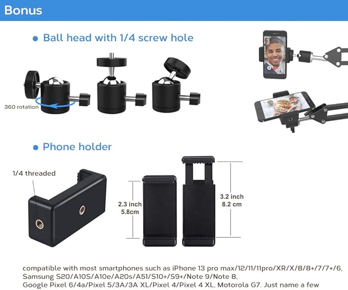 LenTok Overhead Tripod Mount for Camera Webcam Ring Light, Flexible Over Head Arm for iPhone with Phone Holder and Ball Head, Table Stand Accessory for Phone Video Recording Live Stream