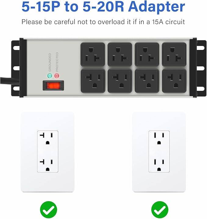 CCCEI Heavy Duty Power Strip Surge Protector 20 AMP Switch, 12 Gauge Extension Cord with Multiple Outlets, Industrial, Shop, Garage High Amp Wall Mount Electric Extender. 15FT, Grey.