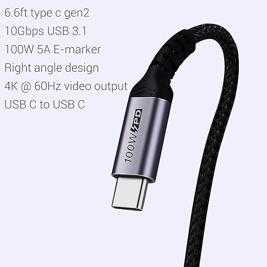 SUMPK USB C to USB C Cable 100W,[2-Pack 6.6ft Right Angle] USB 3.1 Fast Charging Cord 90 Degree 20V/5A Type C PD Cable Compatible for iPhone 15/15 Plus/15 Pro/15 Pro Max/MacBook Pro 2022