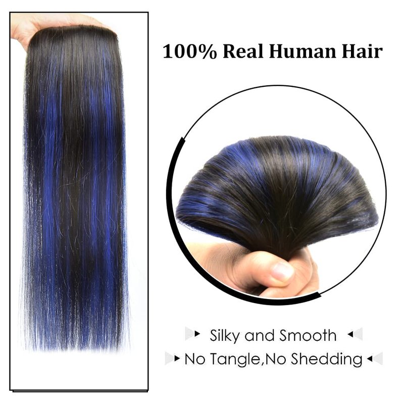 16" Clip in Hair Extensions Remy Human Hair Blue Balayage for Women - Silky Straight 100% Real Human Hair 55grams 4pieces #(1B/Blue) T1B Color