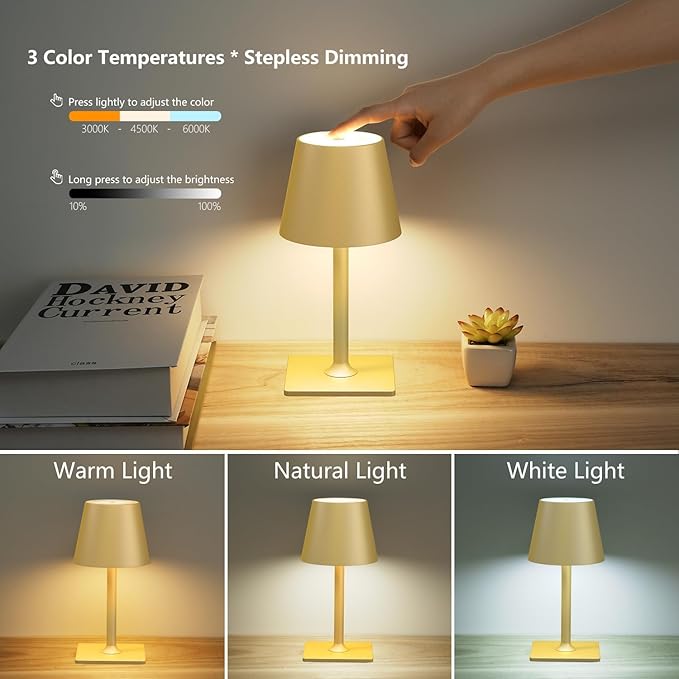 Fizrice Cordless Table Lamp, 6000mAh Battery Operated, 250LM Adjustable Brightness IP65 Height Adjustable - Set of 2 Gold Wireless Lamps for Restaurant Patio Bedside Outdoor Cafe & Home Decor