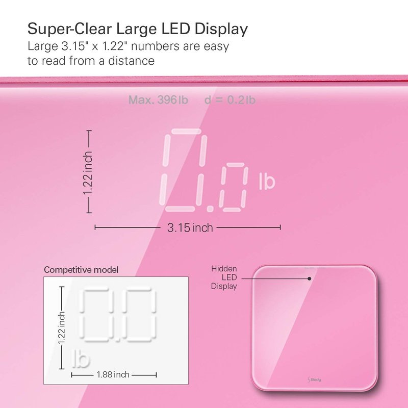 VisionTechShop S Body High Precision Ultra Wide Digital Body Weight Bathroom Scale up to 396lb/180kg, Super-Clear Large LED Display,Step-On Technology, Pink