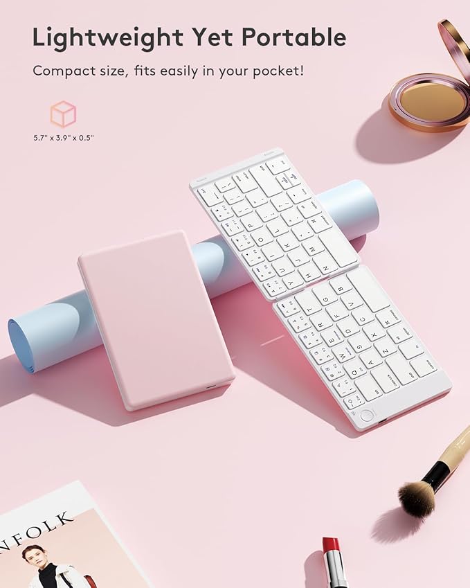 Samsers Foldable Bluetooth Keyboard - Portable Wireless Keyboard with Stand Holder, Rechargeable Full Size Ultra Slim Folding for iOS Android Windows Smartphone Tablet and Laptop, White Pink
