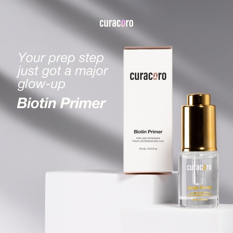 Curacoro Biotin Lash Primer for Lash Extensions, Removes Oils & Residue, Accelerates Glue Curing, Longer Retention (15ml)