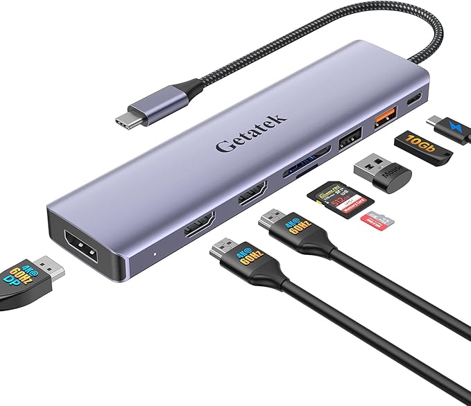 Getatek 10Gbps USB C Hub, USB-C Laptop Docking Station, 8in1 Triple Display Docking Station for Dell Hp Lenovo Surface Windows (Dual HDMI+ DisplayPort + PD3.0 100W +SD TF Card Reader +10GB USB Port)