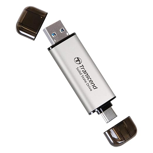 Transcend ESD310 1TB External SSD, Up to 1,050MB/s, Dual USB Drive for iPhone17,16,15, iPad&Mac/Pixel10/Tesla/Steam Deck/ROG Ally/MSI Claw/Android/PS5, 2-in-1 TypeC &A, USB3.2Gen2 Portable SSD-Silver