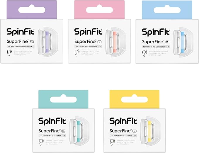 SpinFit SuperFine for AirPods Pro Gen 1 & 2 - M - Medical Grade Silicone Patented Replacement Ear Tips and Adapters for Supreme Comfort (one Pair)(Ear Tips Installed)