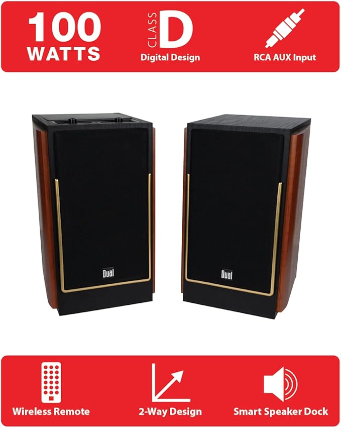 Dual Electronics LUHSL20B Cherrywood & Black 2-Way Bookshelf Speakers with Smart Speaker Dock | Class-D Amplifier | Bluetooth | Home, PC | Loud & Deep Bass | Wireless Remote Control | Sold in Pairs