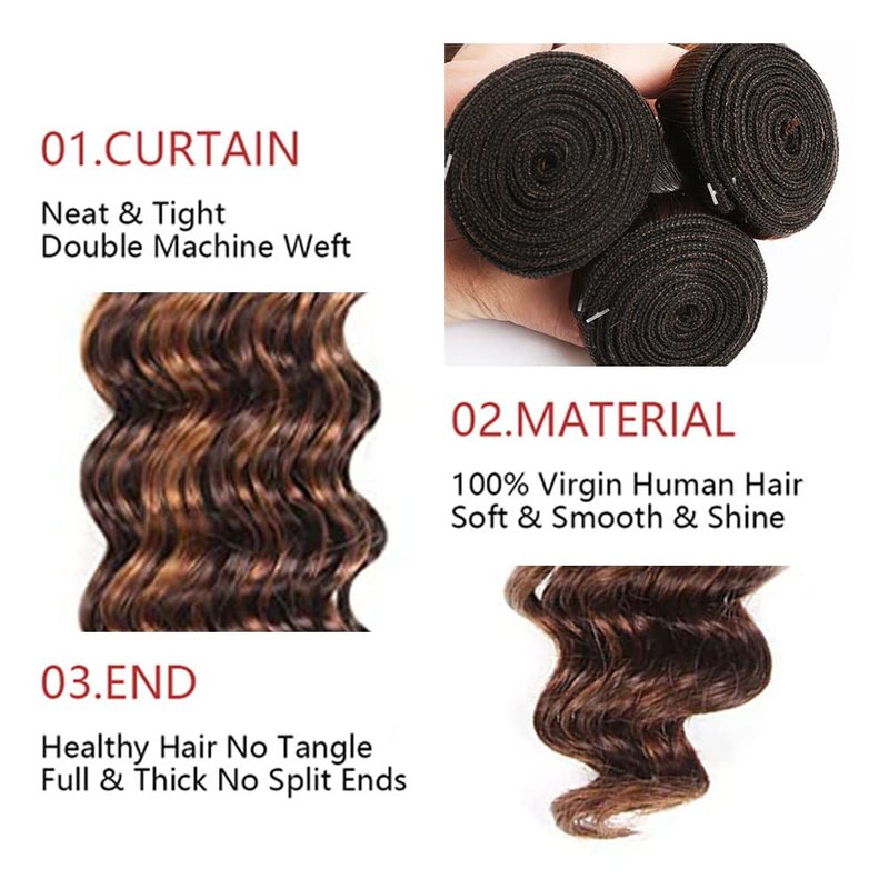 Deep Wave Brown Human Hair Bundle - 100% Unprocessed Virgin Brazilian Extensions | 24 Inch Piano Color