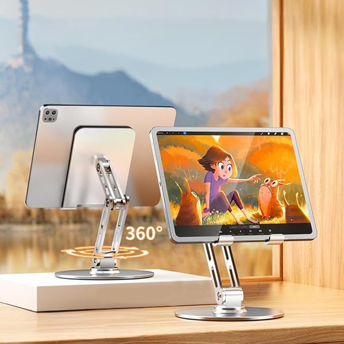 Adjustable Phone Stand for Desk,for 4.7-9.7 Inch Devices,360° Rotating Aluminum Alloy,Silver Compatible with ipad Tablet Kindle TAB Surface Cell Phone Stand Holder