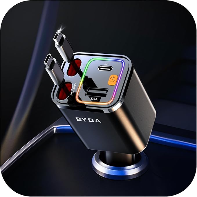 4 in 1 Retractable Car Charger,69W USB-C Fast Car Charger, for iPhone16/15/14/13/12,Cigarette Lighter Charger (Grey, Dual Type C &RGB Breathing Light [Black])