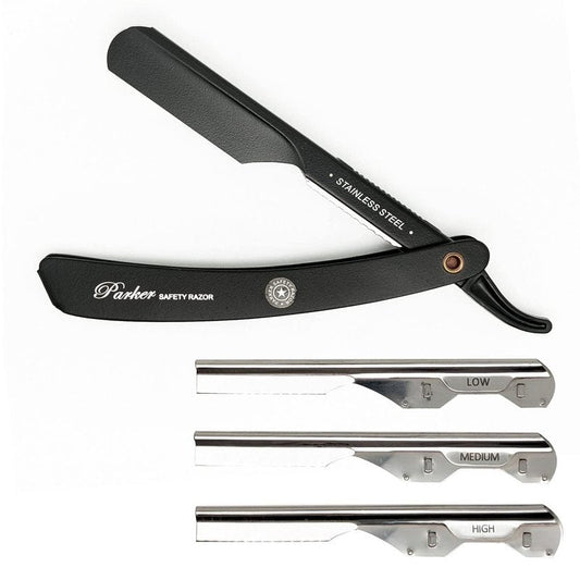 Parker PTABK Adjustable Stainless-Steel Barber Razor | 3 Blade Exposures (Low/Medium/High) | Straight Shavette with 5 Premium Platinum Refills | Black Stainless Steel Handle