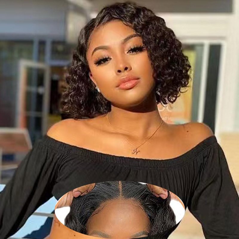 Srakuw Wear and Go Glueless Wigs Human Hair Pre Plucked Pre Cut 4x4 Lace Front Wigs for Black Women for Beginners 180 Density Curly Bob Wig Human Hair (8 Inch)