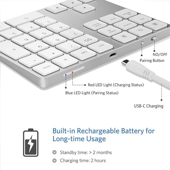 JOYEKY Bluetooth Number Pad, Wireless Numeric Keypad, USB-C Rechargeable External 34-Keys Numpad, Financial Data Entry Keyboard for iMac, MacBook Air/Pro, PC Desktop, Laptop Notebook(Silver)
