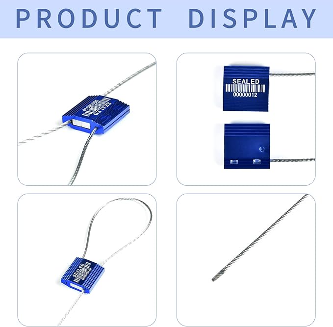 LeadSeals 50 Blue High Security Cable Seals With Barcode - Pull Tight Numbered Steel Anti-Tamper Shipping Self-Locking Tags for Logistics - ISO 17712 Certificated