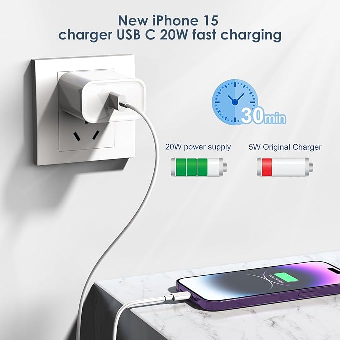 Fast Charging for iPhone 17 16 15 Charger,2Pack 20W USBC Wall Charger Travel Plug Block Phone 16e Charging Cable for iPhone 17 Air/17 Pro/17 Pro Max/16 Pro/16 Pro Max/16 Plus/15/15 Pro/15 Pro Max/iPad