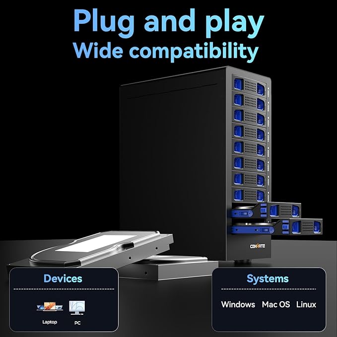 CENMATE 10 Bay Hard Drive RAID Enclosure with Cooling Fan for 2.5/3.5" SATA HDD/SSD with USB A/C 3.0＋eSATA Cable, 3.5 Hard Drive Enclosure Supports 160TB Capacity, 8 RAID Modes, DAS(NO NAS)