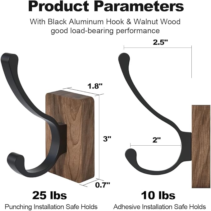 IURRDOP 4 PCS Black Walnut Wood Wall Hooks Adhesive Mounted & Wall Mounted Rustic Decorative Entryway Hooks Mid Century Modern Natural Wooden Pegs for Hanging Coat Clothes Hat Bag Purse and Towel