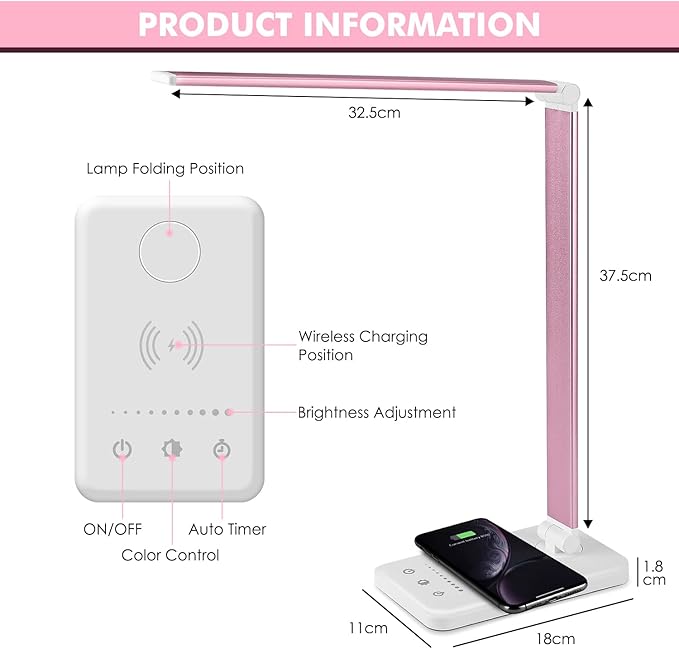 JOSTIC LED Desk Lamp with Wireless Charger, USB Charging Port, Desk Lighting with 10 Brightness, 5 Color Modes, Dimmable Eye Caring Reading Desk Lamps for Home Office, Touch Control, Auto Timer, Pink