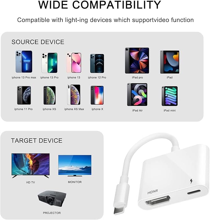 Apple MFi Certified Lightning to HDTV Digital AV Adapter 1080P HD Video Sync Screen Connector Cable with Charging Port Compatible with iPhone 14/13/12/11/ X/ 8/7/ iPad on HDTV/Projector/Monitor